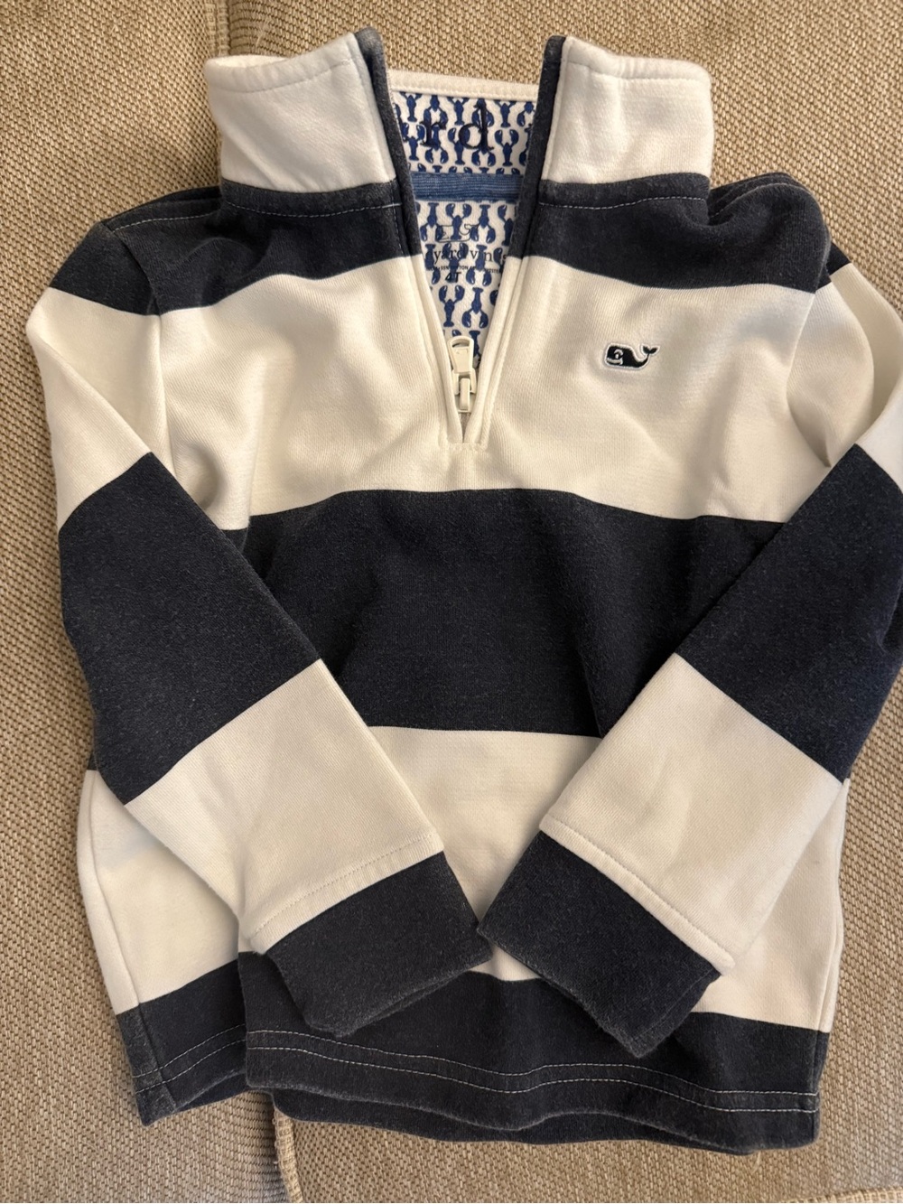 Vineyard Vines kids’ navy-and-white striped Shep Shirt/quarter-zip, size 4T.
